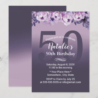 Elegant Lila Floral Girl 50. Geburtstagsparty Einladung