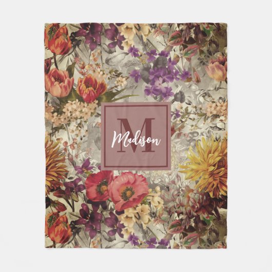 Elegant lila-gelb-blumengrau mit Monogramm Fleecedecke (Vorderseite)