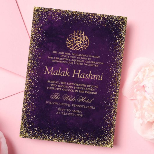Elegant Lila Gliter Baby Islamic Aqiqa Einladung