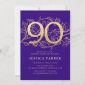 Elegant Lila Gold 90. Geburtstag Einladung (Vorderseite)