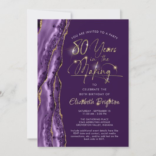 Elegant Lila Gold Agate Script 80. Geburtstag Einladung (Vorderseite)