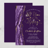 Elegant Lila Gold Agate Script 80. Geburtstag Einladung (Vorne/Hinten)