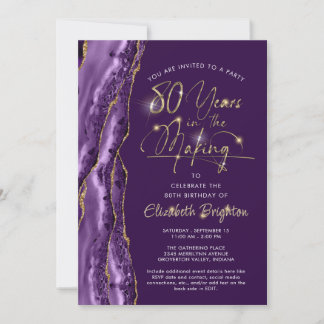 Elegant Lila Gold Agate Script 80. Geburtstag Einladung