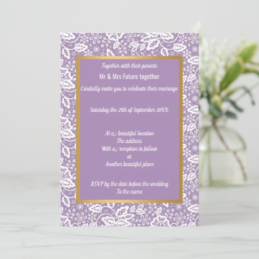 ELEGANT LILA GOLD LACE WEDD EINLADUNG (Stehend Vorderseite)