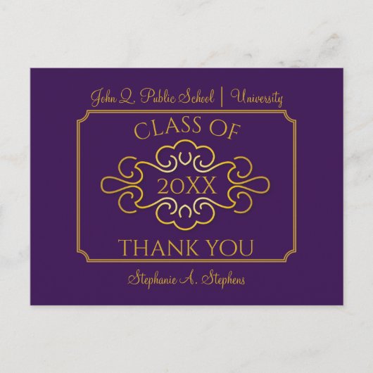 Elegant Lila | Gold Uni-Abschluss Vielen Dank Postkarte (Vorderseite)