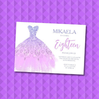 Elegant Lila Gown Glitter 18th Birthday Invitation Einladung