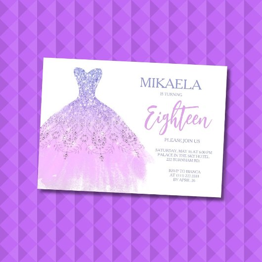 Elegant Lila Gown Glitter 18th Birthday Invitation Einladung