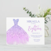Elegant Lila Gown Glitter 18th Birthday Invitation Einladung (Stehend Vorderseite)