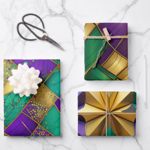 Elegant Lila, Green und Gold Mardi Gras Abstrakt Geschenkpapier Set