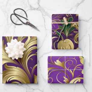 Elegant Lila, grün und goldfarben Mardi Gras flora Geschenkpapier Set