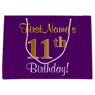Elegant, lila, Imitat-Gold11. Geburtstag + Name Große Geschenktüte