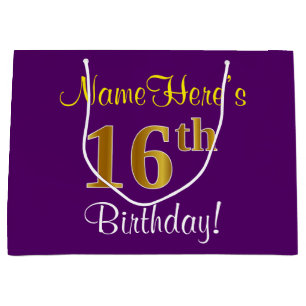 Elegant, lila, Imitat-Gold16. Geburtstag + Name Große Geschenktüte