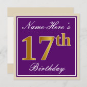 Elegant, lila, Imitat-Gold17. Geburtstag + Name Einladung (Vorne/Hinten)