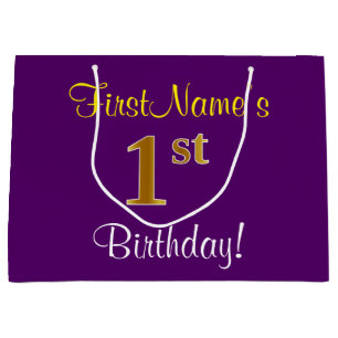 Elegant, lila, Imitat-Gold1. Geburtstag + Name Große Geschenktüte