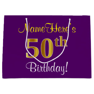 Elegant, lila, Imitat-Gold50. Geburtstag + Name Große Geschenktüte