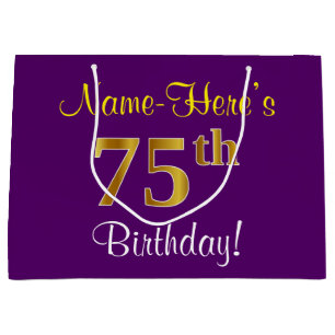 Elegant, lila, Imitat-Gold75. Geburtstag + Name Große Geschenktüte