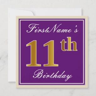 Elegant, Lila, Imitate Gold 11. Geburtstag + Name Einladung