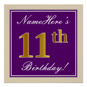 Elegant, Lila, Imitate Gold 11. Geburtstag + Name Poster