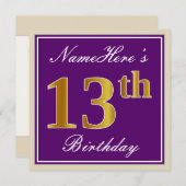 Elegant, Lila, Imitate Gold 13. Geburtstag + Name Einladung (Vorne/Hinten)