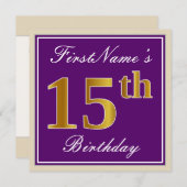 Elegant, Lila, Imitate Gold 15. Geburtstag + Name Einladung (Vorne/Hinten)