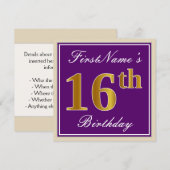 Elegant, Lila, Imitate Gold 16. Geburtstag + Name Einladung (Vorne/Hinten)