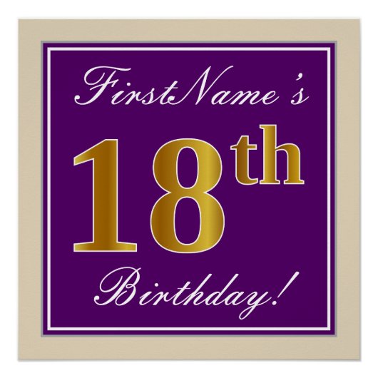 Elegant, Lila, Imitate Gold 18. Geburtstag + Name Poster (Vorderseite)