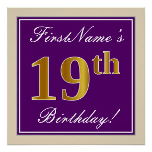 Elegant, Lila, Imitate Gold 19. Geburtstag + Name Poster