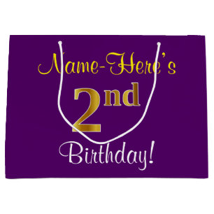 Elegant, Lila, Imitate Gold 2. Geburtstag + Name Große Geschenktüte