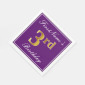 Elegant Lila, Imitate Gold 3. Geburtstag + Name Serviette (Ecke)