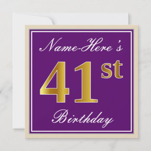 Elegant, Lila, Imitate Gold 41. Geburtstag + Name Einladung