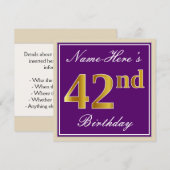 Elegant, Lila, Imitate Gold 42. Geburtstag + Name Einladung (Vorne/Hinten)