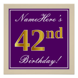 Elegant, Lila, Imitate Gold 42. Geburtstag + Name Poster