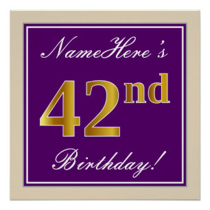 Elegant, Lila, Imitate Gold 42. Geburtstag + Name Poster