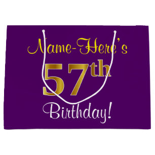 Elegant, Lila, Imitate Gold 57. Geburtstag + Name Große Geschenktüte