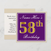 Elegant, Lila, Imitate Gold 58. Geburtstag + Name Einladung (Vorne/Hinten)
