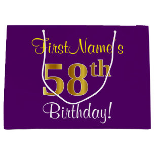 Elegant, Lila, Imitate Gold 58. Geburtstag + Name Große Geschenktüte