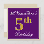 Elegant, Lila, Imitate Gold 5. Geburtstag + Name Einladung (Vorne/Hinten)