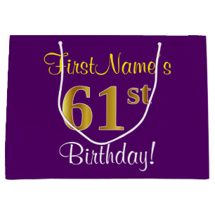 Elegant, Lila, Imitate Gold 61. Geburtstag + Name Große Geschenktüte