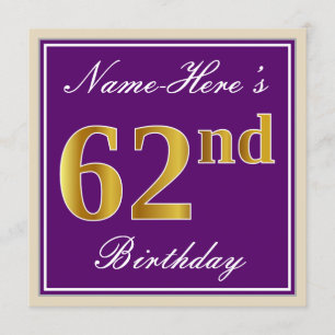 Elegant, Lila, Imitate Gold 62. Geburtstag + Name Einladung