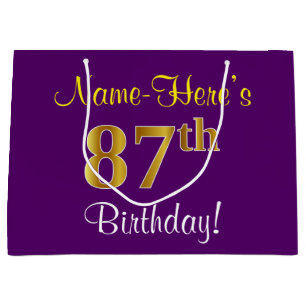 Elegant, Lila, Imitate Gold 87. Geburtstag + Name Große Geschenktüte