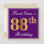 Elegant, Lila, Imitate Gold 88. Geburtstag + Name Einladung (Vorne/Hinten)