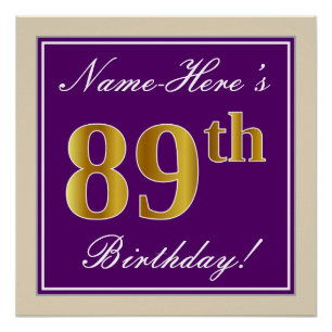 Elegant, Lila, Imitate Gold 89. Geburtstag + Name Poster