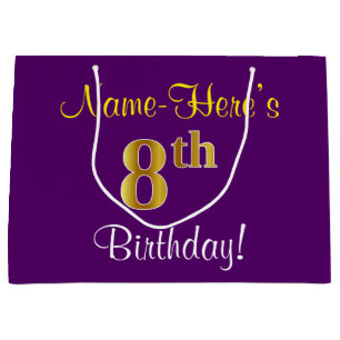 Elegant, Lila, Imitate Gold 8. Geburtstag + Name Große Geschenktüte