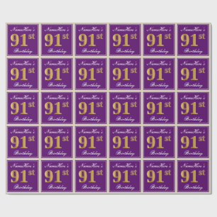Elegant, Lila, Imitate Gold 91. Geburtstag + Name Geschenkpapier