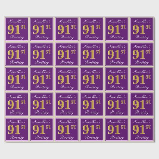 Elegant, Lila, Imitate Gold 91. Geburtstag + Name Geschenkpapier (Flach)