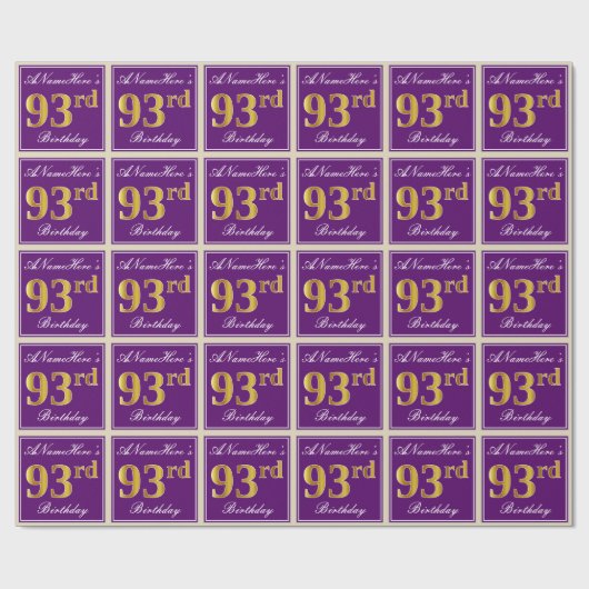 Elegant, Lila, Imitate Gold 93. Geburtstag + Name Geschenkpapier (Flach)