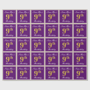 Elegant, Lila, Imitate Gold 9. Geburtstag + Name Geschenkpapier