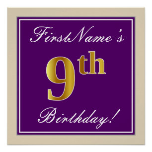 Elegant, Lila, Imitate Gold 9. Geburtstag + Name Poster