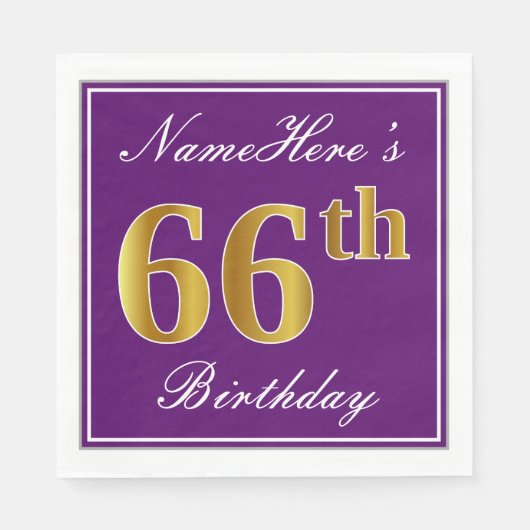 Elegant Lila, Imitats Gold 66. Geburtstag + Name Serviette (Vorderseite)