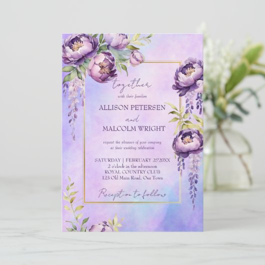 Elegant lila in einer Hochzeitsvorlage Einladung (Stehend Vorderseite)